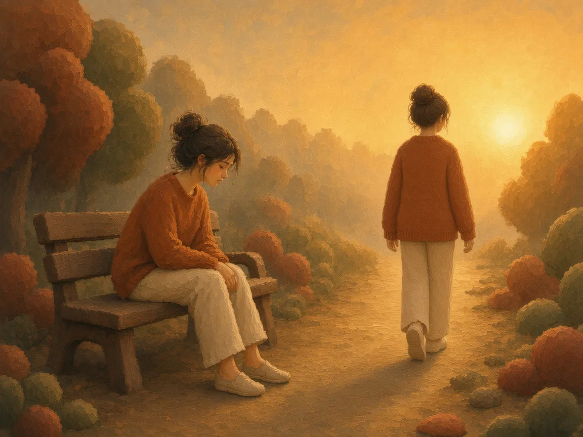 A woman resting on a park bench, and the same woman walking on toward the morning sun.