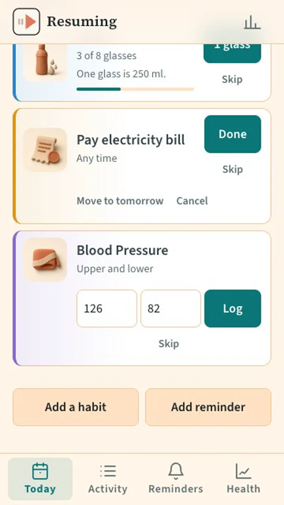 Logging a blood pressure reading of 126 over 82 on the Today screen.