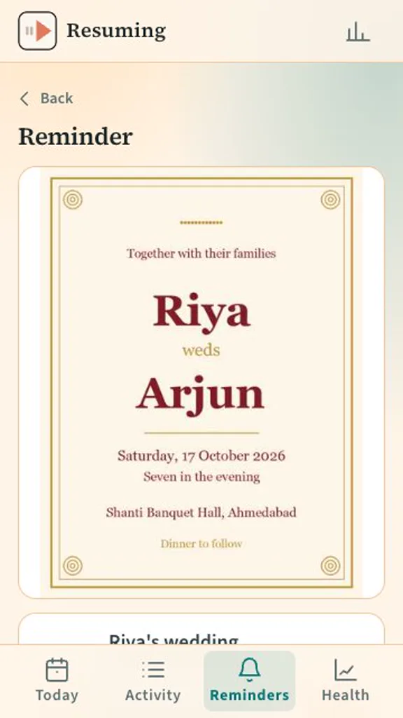 A reminder for Riya’s wedding showing the invitation card, the date, and the venue.