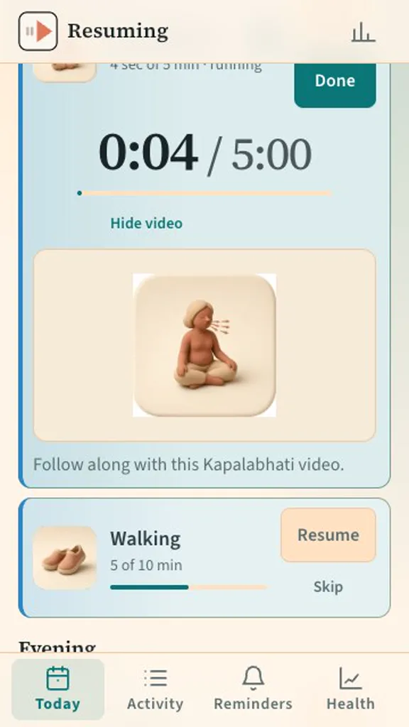 A Kapalabhati timer running on the Today screen, with the follow-along video below it.